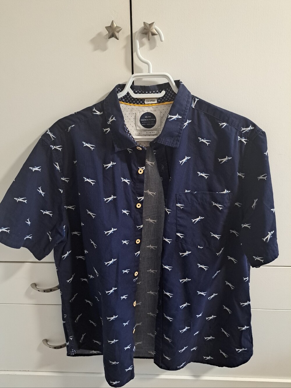 Denim & Flower Slim Fit White Shirt with Navy XL airplaine Design